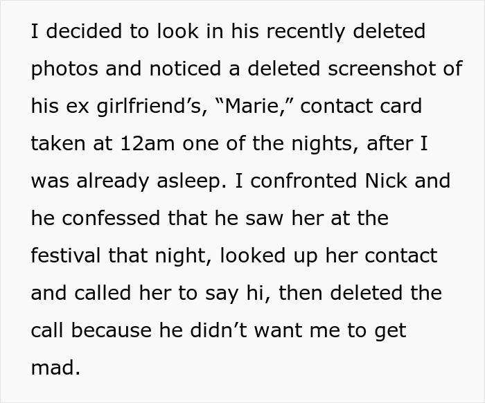 Text about a woman discovering boyfriend cheating during vacation by finding deleted contact and call details. Text about a woman discovering boyfriend cheating during vacation by finding deleted contact and call details.