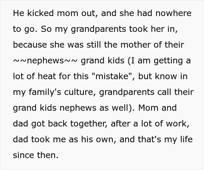 Text excerpt about mom and dad reconciling after an affair, mentioning college money and family support. Text excerpt about mom and dad reconciling after an affair, mentioning college money and family support.