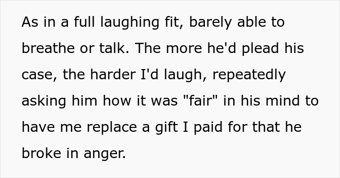 Teen laughing while explaining to dad why replacing the broken chair after one day is only fair.