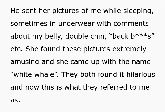 Alt text: Text describing a woman discovering her supportive husband made fun of her to his cheating ex-wife. Alt text: Text describing a woman discovering her supportive husband made fun of her to his cheating ex-wife.