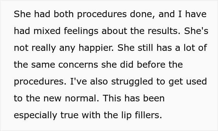 Husband shares mixed feelings about wife's plastic surgeries, struggling to accept changes like lip fillers and new appearance.