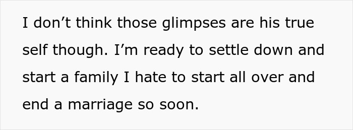 Text on a white background reading thoughts about settling down and concerns over marriage ending soon.