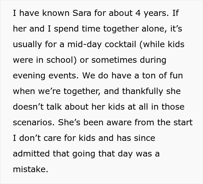 Text describing a friend not understanding why clingy children cannot be brought on vacation due to not caring for kids. Text describing a friend not understanding why clingy children cannot be brought on vacation due to not caring for kids.