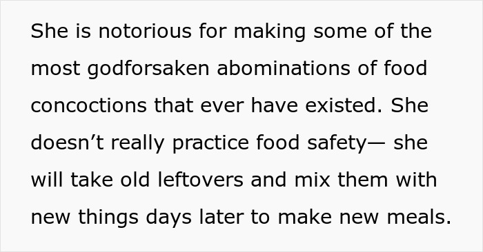 Text about MIL’s cooking being hazardous and ignoring food safety by mixing old leftovers with new meals. Text about MIL’s cooking being hazardous and ignoring food safety by mixing old leftovers with new meals.