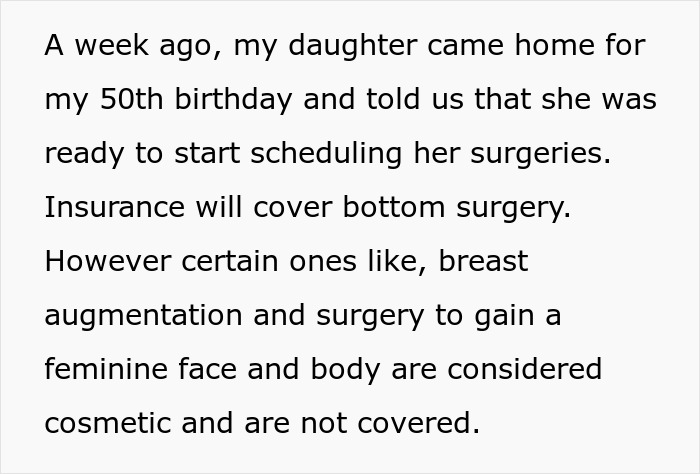 Text discussing daughter ready to schedule surgeries with insurance covering some but not all cosmetic procedures. Text discussing daughter ready to schedule surgeries with insurance covering some but not all cosmetic procedures.
