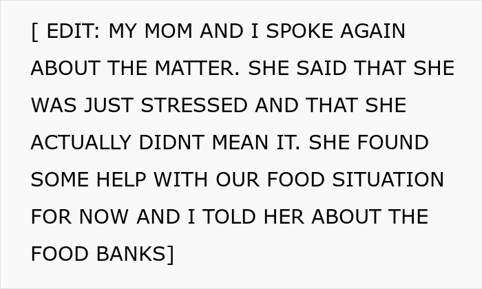 Text update from 17-year-old about conversation with mom who was stressed over parenting and food situation. Text update from 17-year-old about conversation with mom who was stressed over parenting and food situation.