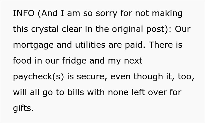 Text explaining a father apologizing for financial struggles and inability to afford Christmas gifts this year.