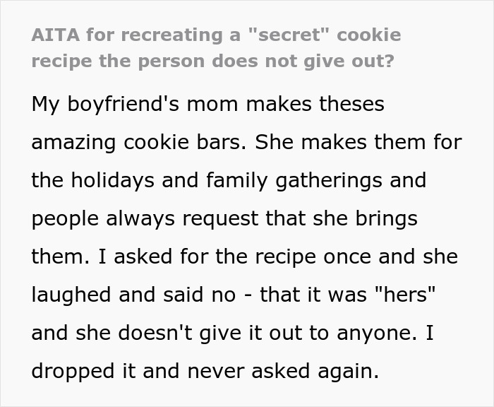 Text about boyfriend's mom making secret cookie bars recipe for holidays and refusing to share it with others.