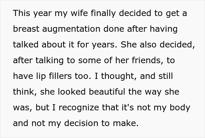 Text excerpt about woman’s breast augmentation and lip fillers, highlighting husband's honest feelings on her plastic surgeries.