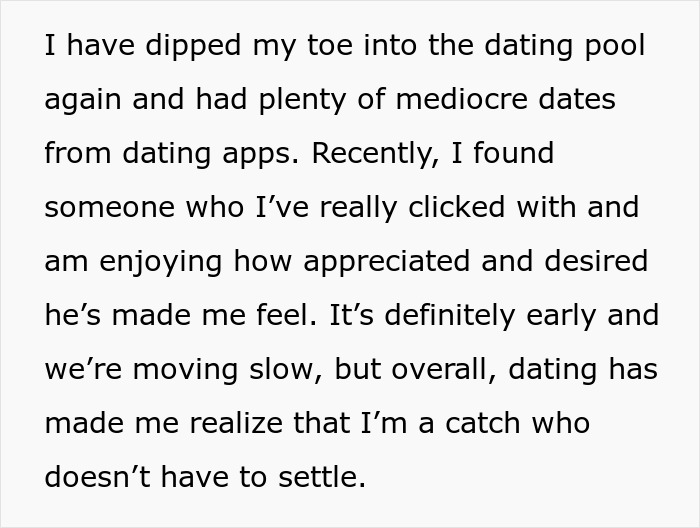 Woman shares inspiring 5 year update after leaving cheating husband, finding appreciation and self-worth through dating.