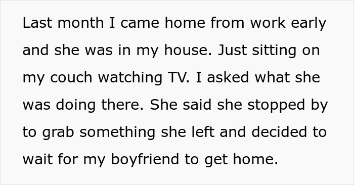 Text excerpt describing a guy’s sister secretly given a key to girlfriend’s house, causing girlfriend’s furious reaction.