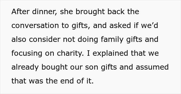 Text excerpt about family gifts and charity debate after dinner, highlighting a woman deciding to destroy child's Christmas presents. Text excerpt about family gifts and charity debate after dinner, highlighting a woman deciding to destroy child's Christmas presents.