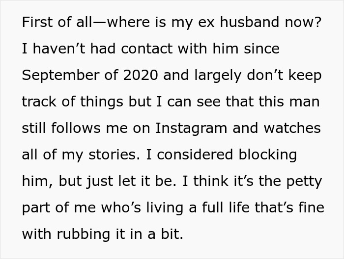 Text excerpt from an inspiring 5 year update after leaving her cheating husband, reflecting on moving on and self-worth.