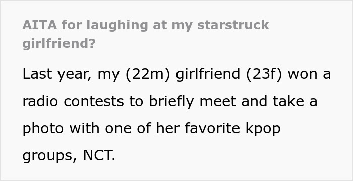 Text excerpt about a guy mocking his girlfriend publicly for fangirling over a K-pop band and her reaction to it. Text excerpt about a guy mocking his girlfriend publicly for fangirling over a K-pop band and her reaction to it.