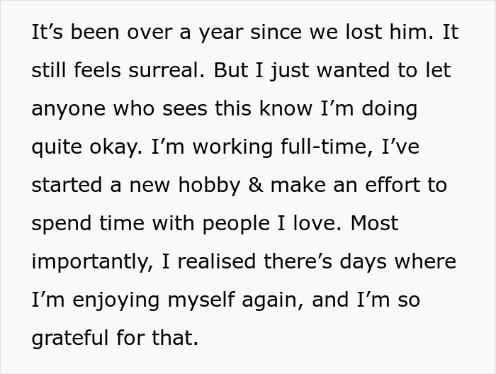 Text on a white background describing coping after loss, highlighting new hobbies and spending time with loved ones. Text on a white background describing coping after loss, highlighting new hobbies and spending time with loved ones.