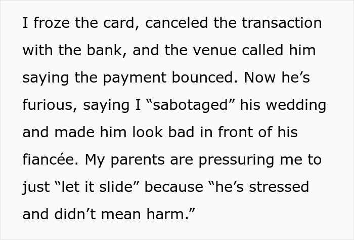 Text excerpt about freezing credit card after brother uses sister’s card without permission, causing conflict and family pressure. Text excerpt about freezing credit card after brother uses sister’s card without permission, causing conflict and family pressure.