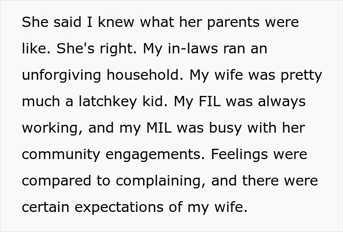 Text excerpt about wife, in-laws, and family dynamics, highlighting feelings of single parent and work-family balance issues. Text excerpt about wife, in-laws, and family dynamics, highlighting feelings of single parent and work-family balance issues.