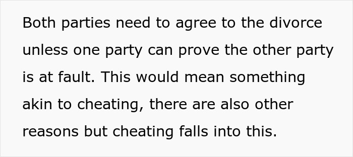 Text discussing divorce agreement and fault, highlighting cheating as a key reason involving man happy ex wife caught cheating.