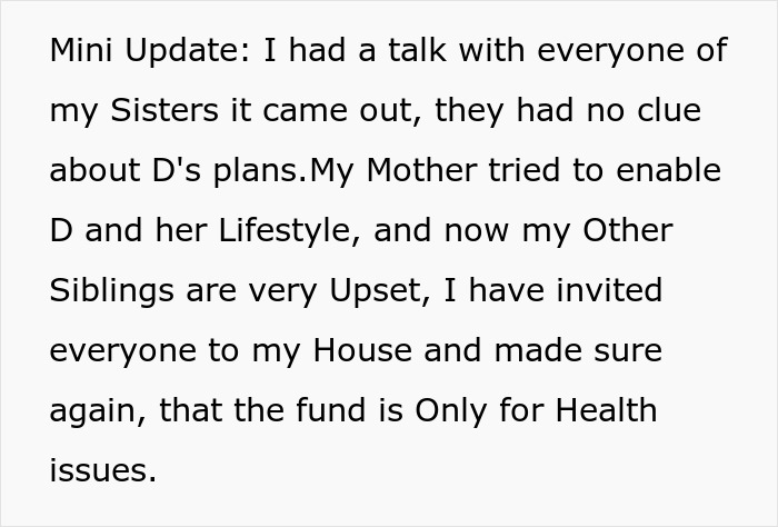 Text update about woman confronting siblings over family health fund misuse for plastic surgeries dispute. Text update about woman confronting siblings over family health fund misuse for plastic surgeries dispute.