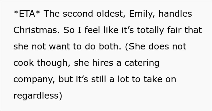 Text excerpt about woman asking for a break from hosting traditional family Thanksgiving, facing criticism from sisters. Text excerpt about woman asking for a break from hosting traditional family Thanksgiving, facing criticism from sisters.