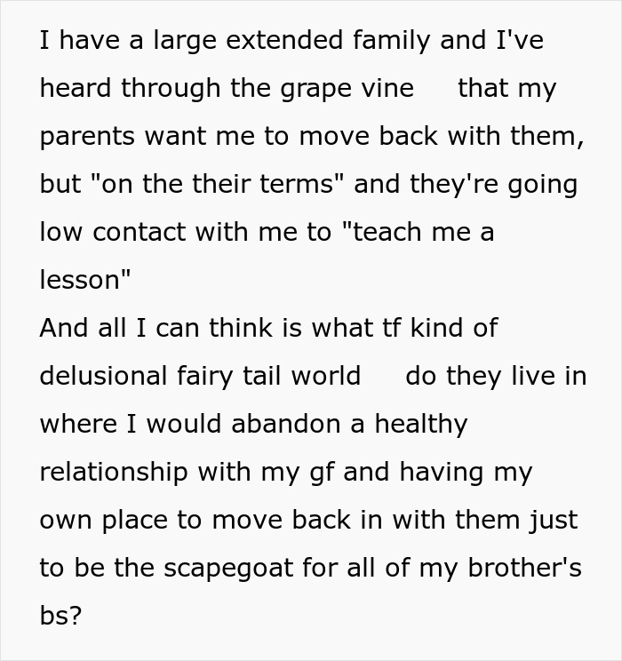 Text about extended family dynamics showing entitled parents treating autistic brother as golden child while ignoring creepy behavior.