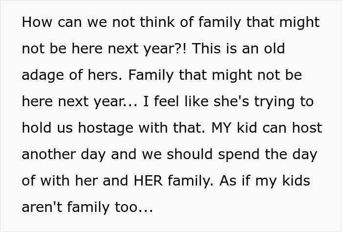 Text discussing family tension over Thanksgiving plans, focusing on a woman and her mother-in-law’s conflict. Text discussing family tension over Thanksgiving plans, focusing on a woman and her mother-in-law’s conflict.