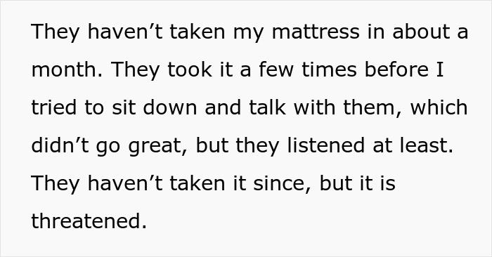 Text excerpt about parents threatening to remove daughter's mattress, highlighting conflict around her depression and accusations of laziness. Text excerpt about parents threatening to remove daughter's mattress, highlighting conflict around her depression and accusations of laziness.