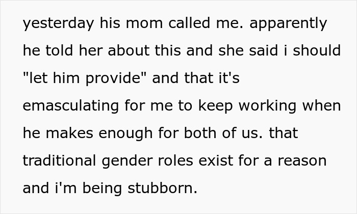 Text message conversation about woman refusing to quit job after husband's promotion and MIL lecturing on gender roles.