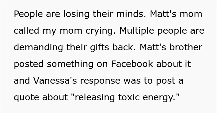 Text excerpt showing a chaotic reaction to the spiritual bride’s decision causing shock just weeks before the wedding.