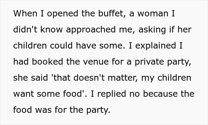 Text excerpt showing a mother demanding food for her children after being denied entrance at a private party.