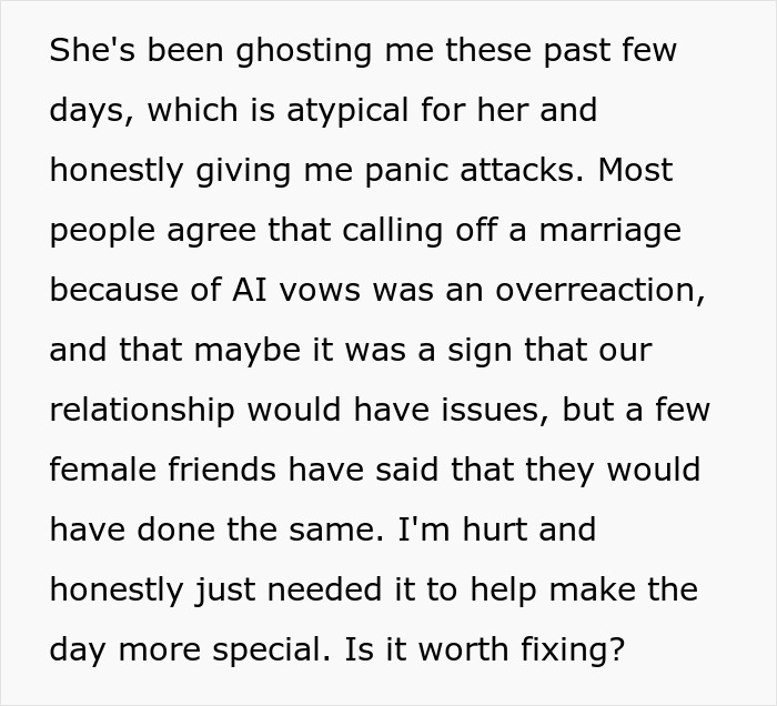 Text about a man writing wedding vows with AI, causing the bride to run away from the altar and relationship issues. Text about a man writing wedding vows with AI, causing the bride to run away from the altar and relationship issues.