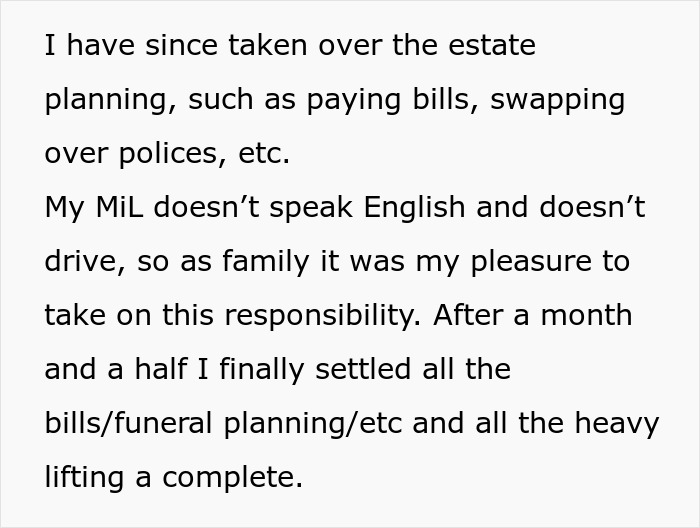 Text excerpt showing a man explaining how he supports his in-laws and manages estate planning responsibilities. Text excerpt showing a man explaining how he supports his in-laws and manages estate planning responsibilities.