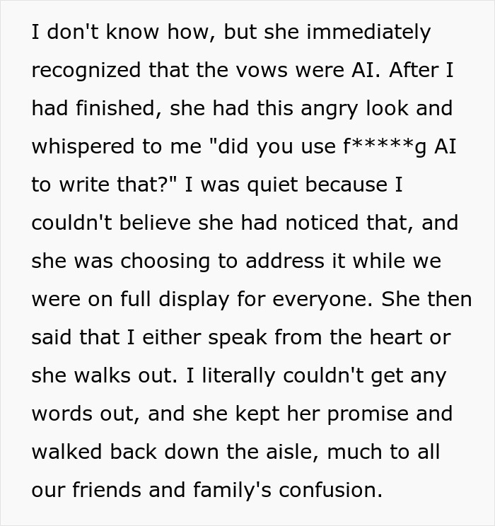 Man writes wedding vows with ChatGPT, bride recognizes AI-written vows and leaves during ceremony, causing guest confusion. Man writes wedding vows with ChatGPT, bride recognizes AI-written vows and leaves during ceremony, causing guest confusion.