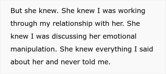 Text describing emotional manipulation discovered during therapy sessions revealing trust issues between woman and mom.