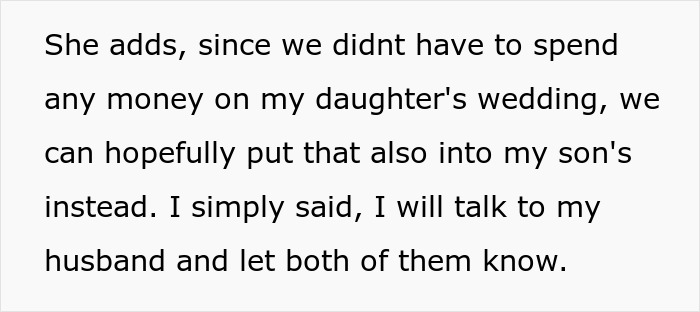 Text excerpt discussing a future daughter-in-law's wedding costs and wealthy in-laws requesting a prenup in return. Text excerpt discussing a future daughter-in-law's wedding costs and wealthy in-laws requesting a prenup in return.