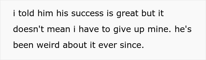 Text message screenshot discussing a woman refusing to quit job after husband’s promotion despite family pressure.