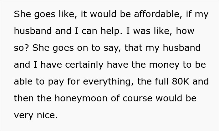 Text discussing future daughter-in-law demanding an $80,000 wedding while wealthy in-laws require a prenup agreement. Text discussing future daughter-in-law demanding an $80,000 wedding while wealthy in-laws require a prenup agreement.