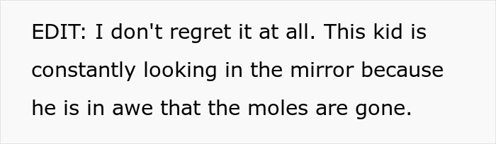 Text discussing a mom outraged after dad approved 12-year-old son’s mole removal described as cosmetic surgery. Text discussing a mom outraged after dad approved 12-year-old son’s mole removal described as cosmetic surgery.