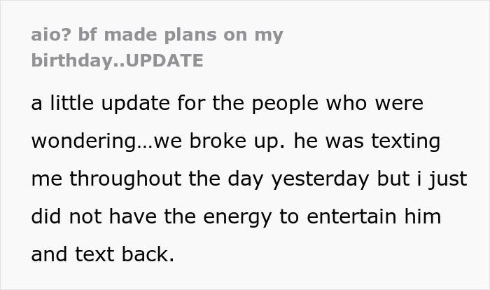 Text message conversation about a breakup after boyfriend made plans on girlfriend's birthday and demanded apologies. Text message conversation about a breakup after boyfriend made plans on girlfriend's birthday and demanded apologies.