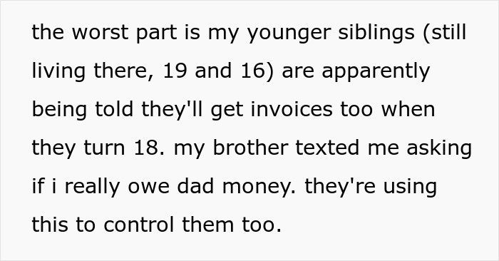 Text excerpt about siblings receiving invoices for upbringing, highlighting guy charging daughter $15K for raising her as a minor. Text excerpt about siblings receiving invoices for upbringing, highlighting guy charging daughter $15K for raising her as a minor.