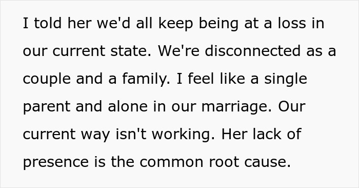 Text expressing feelings of being like a single parent due to wife's absence and prioritizing work over family connection. Text expressing feelings of being like a single parent due to wife's absence and prioritizing work over family connection.