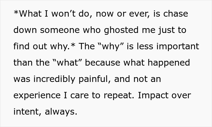 Text image showing a personal reflection on ghosting emphasizing impact over intent and best friend no contact returns. Text image showing a personal reflection on ghosting emphasizing impact over intent and best friend no contact returns.