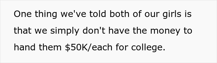 Message about not having enough money to give children $50K each for college, relating to choosing nose job over kids college funds. Message about not having enough money to give children $50K each for college, relating to choosing nose job over kids college funds.