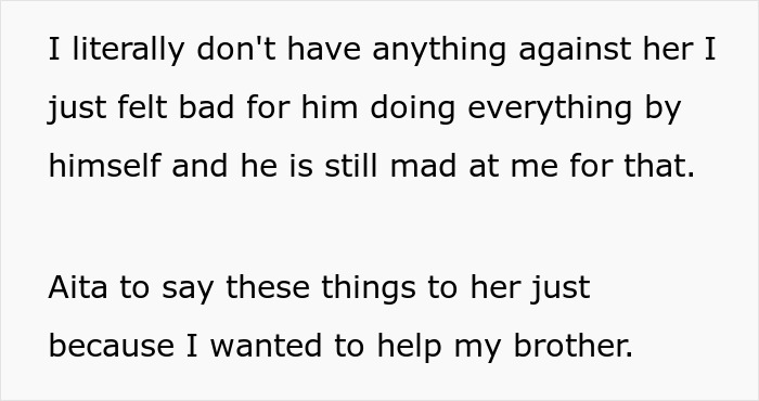 Text excerpt on a light background discussing feelings about helping a brother and stay-at-home mom responsibilities. Text excerpt on a light background discussing feelings about helping a brother and stay-at-home mom responsibilities.