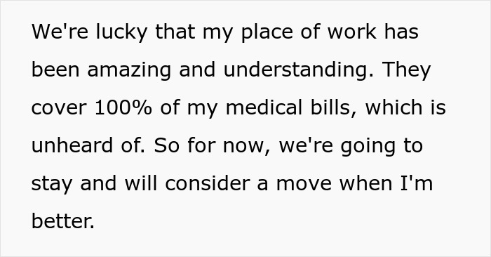 Text about a woman’s work covering medical bills and planning to stay until she recovers from illness.