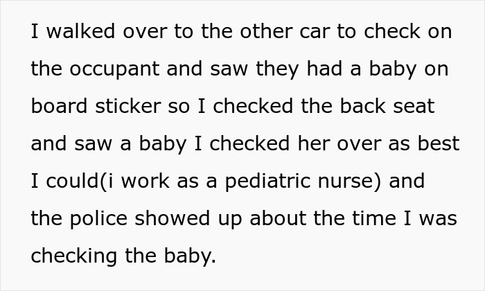 Text describing a pediatric nurse prioritizing dogs and a baby during a stressful car crash scene Text describing a pediatric nurse prioritizing dogs and a baby during a stressful car crash scene