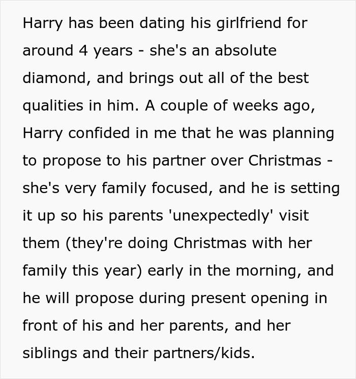 Man thinks proposal counts as Christmas gift, plans surprise engagement during family present opening. Man thinks proposal counts as Christmas gift, plans surprise engagement during family present opening.