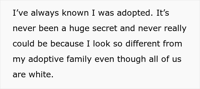 Text about woman adopted and wanting to reunite with bio family, facing threats from adoptive parents. Text about woman adopted and wanting to reunite with bio family, facing threats from adoptive parents.