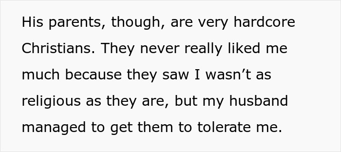 Text excerpt about conflict with in-laws over paganism and intolerant behavior toward daughter’s beliefs.