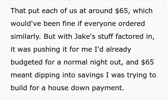 Text describing budget concerns at dinner as one friend orders more, impacting others’ costs and savings goals. Text describing budget concerns at dinner as one friend orders more, impacting others’ costs and savings goals.